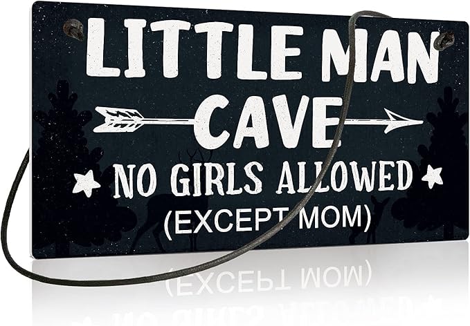Putuo Decor Little Man Cave Sign, Boys Room Wall Decor for Kids, Toddler Boys, Baby, 10x5 Inches PVC Hanging Plaque Gift (No Girls Allowed Except Mom - 2)