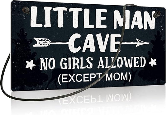 Putuo Decor Little Man Cave Sign, Boys Room Wall Decor for Kids, Toddler Boys, Baby, 10x5 Inches PVC Hanging Plaque Gift (No Girls Allowed Except Mom - 2)