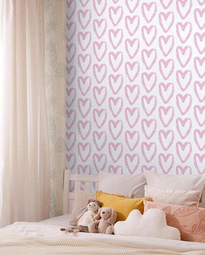 Timeet 17.7In x 196.8In Pink Wallpaper Heart Wall Paper Peel and Stick Modern Self Adhesive Removable Contact Paper Cabinets Wallpaper for Bedroom Kids Room Eco-Friendly Wallpapers