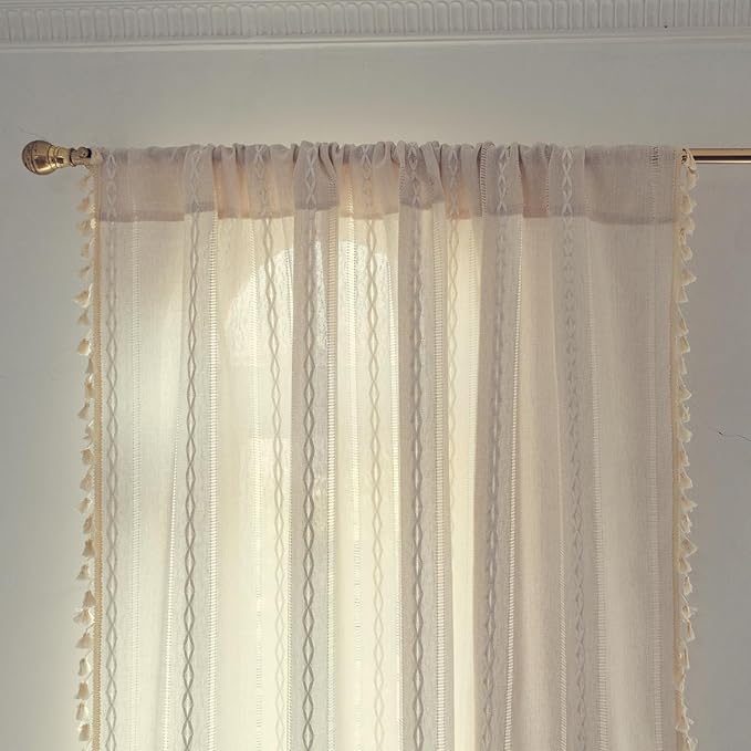 Deeprove Ivory Boho Curtains for Bedroom 84 Inches Long, Bohemian Chic Textured Embroidery Overlapping, Vintage Handmade Tassels Country Decor Drapery, Rod Pocket, 1 Panel W52 x L84