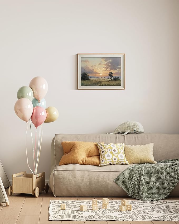 ARPEOTCY Framed Canvas Wall Art, 12x16 Inch Sunset Landscape Oil Painting Print, Rustic Countryside Wall Decor for Bedroom, Living Room, or Entryway, Vintage Horizontal Nature Artwork
