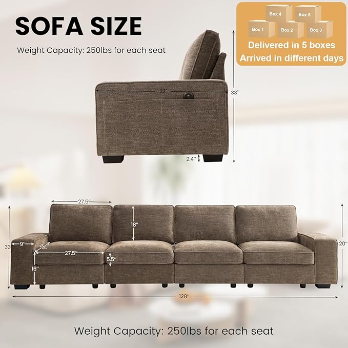 TEKAMON 128" Modular Sofa Couch with Seat Storage, Chenille Sofa，Modern Comfy 4-Seater Couch for Living Room, Office, Apart W/Deep Seat, Wide Armrest, USB, Pockets, Removable Covers (Brown)
