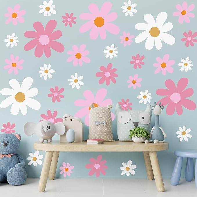 TaoBary 12 Sheets Daisy Wall Decal Flower Wall Sticker Cute Daisy Sticker Pink White Flower Decal Peel and Stick Floral Wallpaper for Nursery Bedroom Home Decor(Pink Color,Vibrant Style)