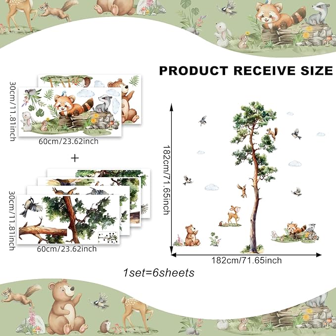 Large Pine Tree Wall Decal Forest Animal Wall Stickers 6 Sheets Woodland Animals Bear Decor Waterproof Peel and Stick Wall Murals Decals for Nursery Boys Bedroom Classroom (Jungle Pine Tree)