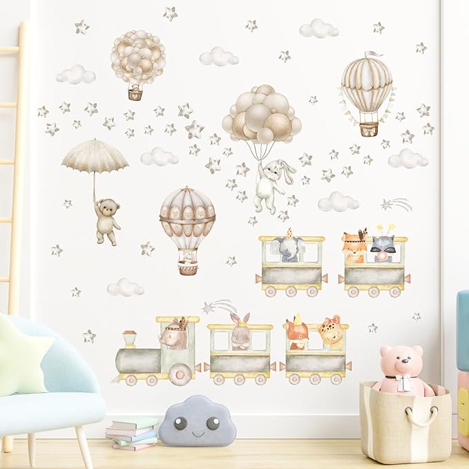 Train Animal Wall Decals Cartoon Hot Air Balloon Animal Wall Stickers Watercolor Star Cloud Decals Boho Nursery Decal Cute Animal Train Stickers for Kids Bedroom Baby Room Playroom Decor