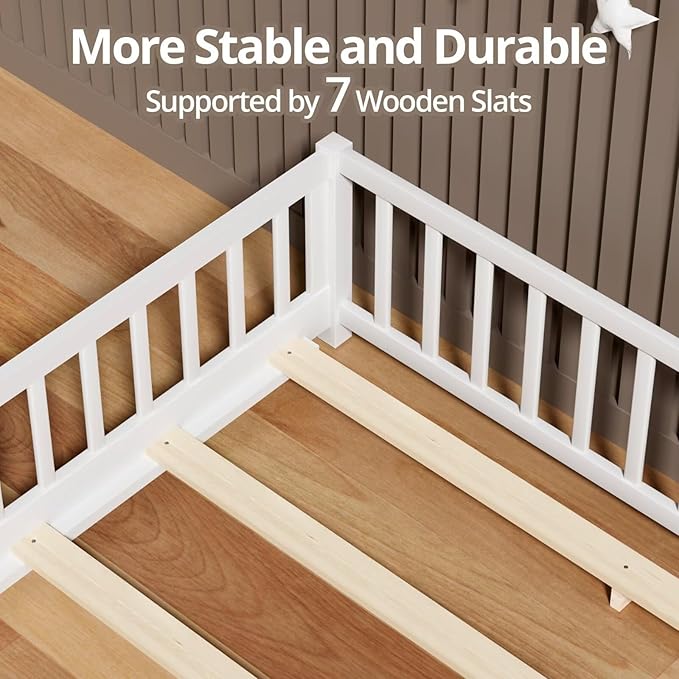 LLS Queen Floor Bed for Kids Toddlers, Solid Wood Multifunctional Montessori Bed Frame with Safety Guardrails, Without Door, Easy Assemble,White