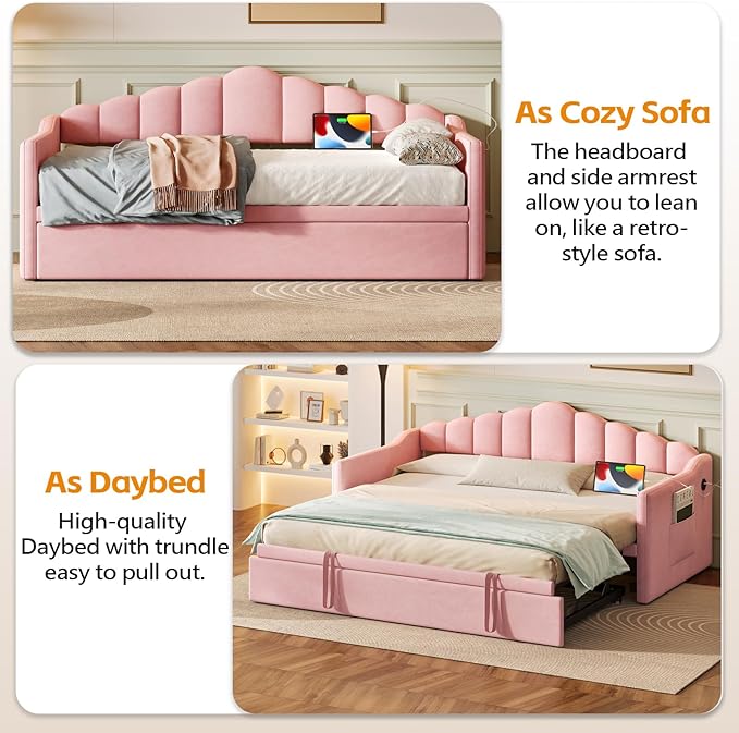 SOFTSEA Twin Velvet Daybed with Pop Up Trundle, Upholstered Extendable Corner Bed with USB Ports & Storage Pockets, Twin to King Daybed Frame with Storage for Kids Teens Adults, Pink