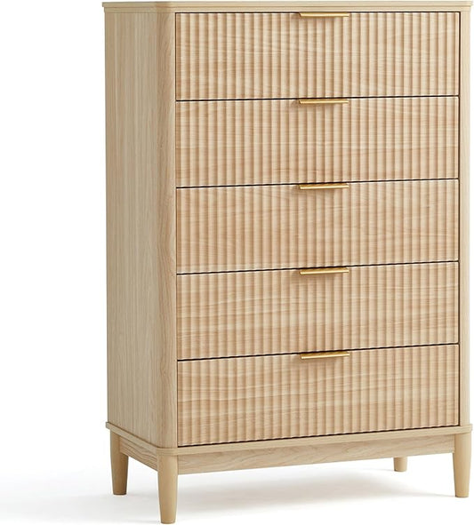 LINSY HOME Fluted 5 Drawers Dresser, 46" Tall Modern Chest of Drawers, Curved Profile Design, Mid Century Wood Dresser with Metal Handle for Bedroom, Living Room, Hallway, Entryway, Oak