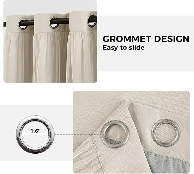 100% Blackout Curtains for Bedroom, Double Layer Ivory Curtains, Black Out Curtain 108 inch long With Sheer Overlay for Living Room, Room Darkening Window Drapes with Grommet, 52"W x 108"L