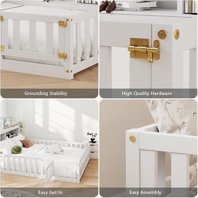 mikibama Twin Floor Bed for Kids, Wooden Montessori Bed Frame with Headboard Bookcase, Storage Shelves & Safety Fence Rails, Kids Floor Bed Frame with Door for Girls, Boys, White