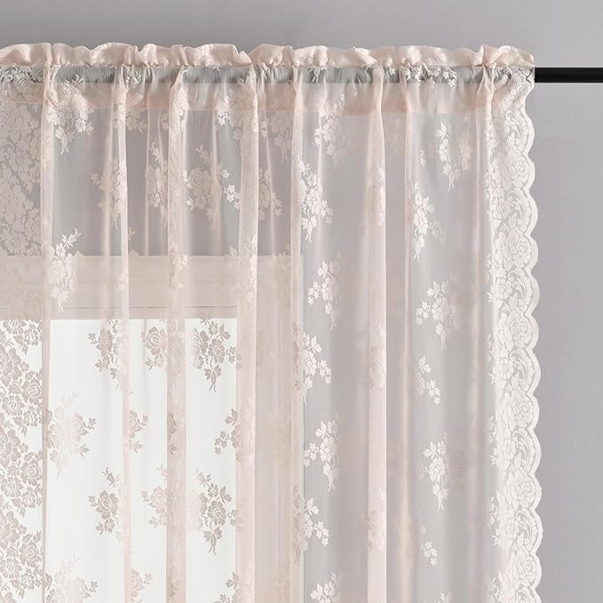 Kotile Blush Pink Sheer Curtains 63 Inch Length, 2 Panels, W42 x L63 Inch Each, Country Rustic Floral Coquette Lace Curtains for Bedroom, Rod Pocket Light Filtering Privacy Window Sheer Lacy Curtain