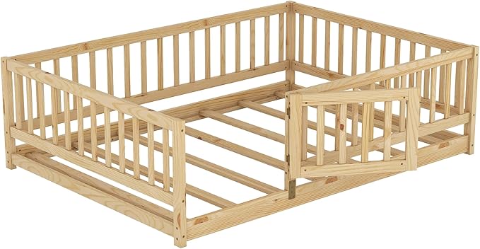 Full Size Floor Bed Frame with Door and Slats,Montessori Floor Bed with Safety Guardrails for Girls Boys,Solid Wood Kids Montessori Bed Full Size,Natural