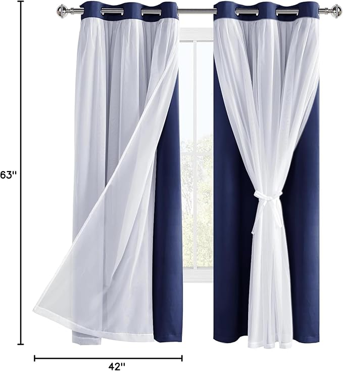 Hiasan Blackout Curtains with Sheer Overlay, Thermal Insulated Privacy Mix and Match Double Layer Window Curtains for Bedroom, Living Room, 2 Drape Panels Sewn with Tiebacks, Navy Blue, 42W X 63L
