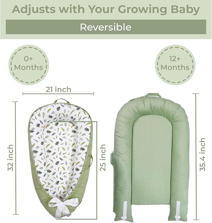 Baby Lounger | Organic Cotton Infant Lounger | Reversible, Adjustable & Portable Floor Lounger |Supervised Use | Soft, Breathable, Washable Cover - Star Collection (Sage Leaf)
