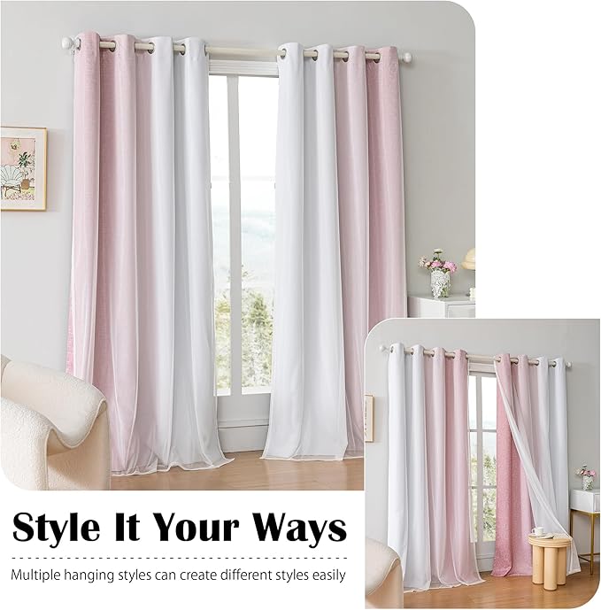 100% Blackout Curtains with Sheer Overlay Mix and Match Double Layer Drapes 72 Inch Length 2 Panels for Bedroom Living Room Pink White Ombre Grommet Window Treatment with Tiebacks
