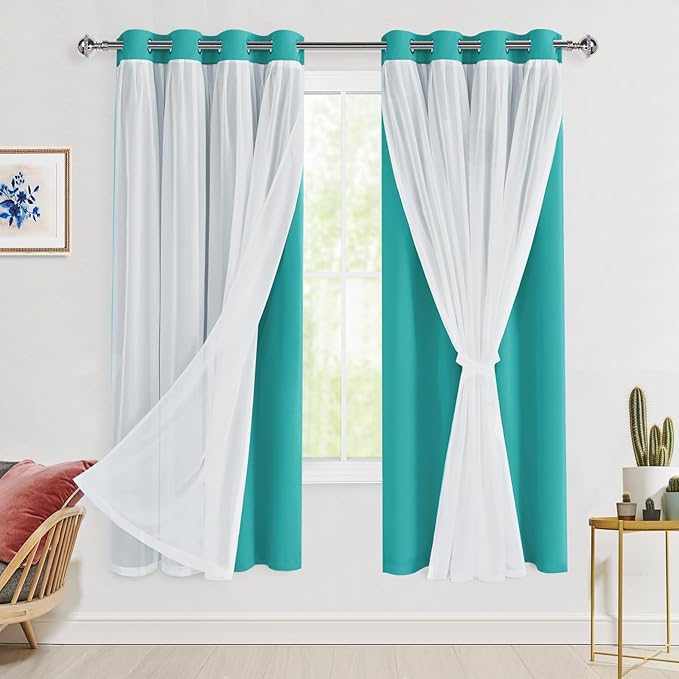 Hiasan Blackout Curtains with Sheer Overlay, Thermal Insulated Privacy Mix & Match Double Layer Window Curtains for Girls Bedroom, Living Room, 2 Drape Panels with Tiebacks,Peacock Teal, 52W X 63L