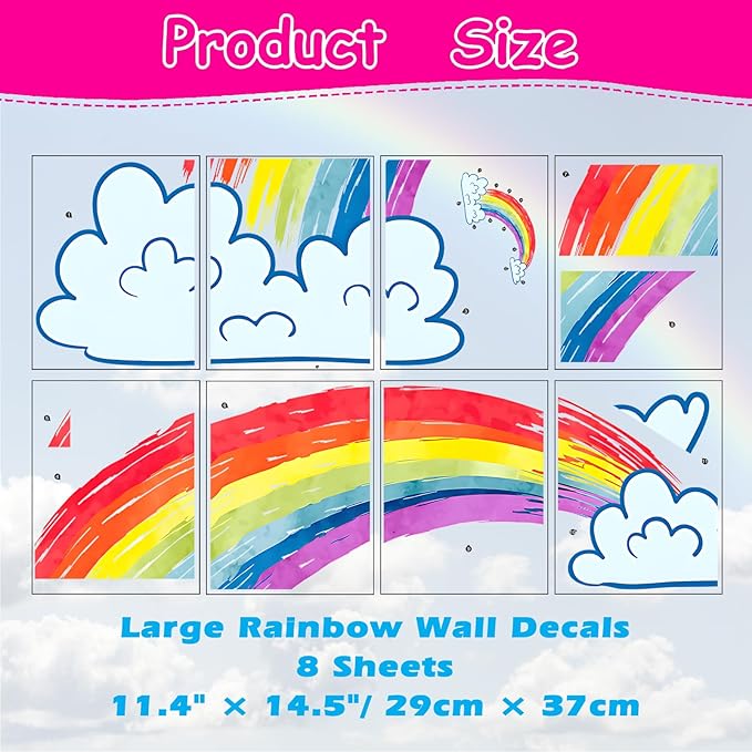 Rainbow Wall Decals Watercolor Rainbow Decor for Kids Room, Cute Watercolor Rainbow Wall Stickers Cloud Wall Decor Murals Decorations for Classroom Girls Room Nursery