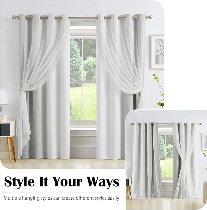 100% Blackout Curtains with Sheer Overlay Mix and Match Double Layer Drapes 84 Inch Long 2 Panels for Bedroom Living Room Grey White Ombre Grommet Window Treatment with Tiebacks