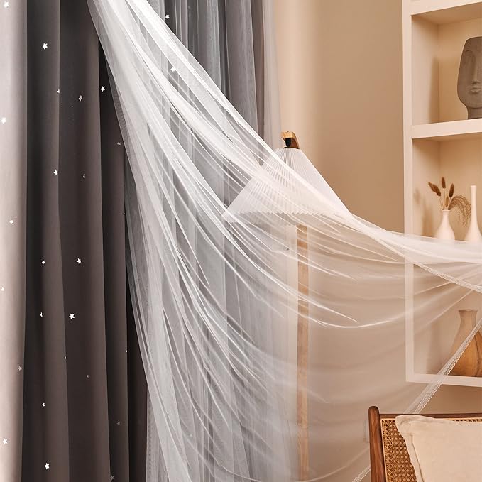 Kinryb Kids Blackout Curtains for Bedroom/Living Room/Classroom, Sheer Overlay Small 2 Panel Set, Double Layer Curtains with Star Cutout for Kids Room(W 52 x L 36 Inches,Chocolate 2 Pcs)