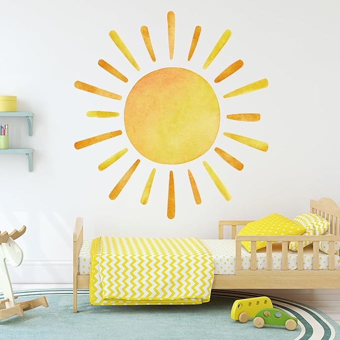 41.7” X 39.8” Watercolor Boho Sun Wall Decals Peel and Stick, PVC Sunrise Wall Stickers, Yellow Sunshine Wall Art Decor for Kids Room Playroom Nursery Bedroom