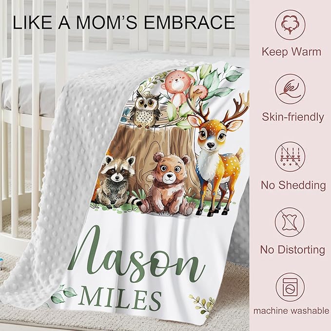 Personalized Crib Bedding Set for Boys Girls, Custom Baby Crib Sets with Name, Animal Stump Design Nursery Bedding 2 Piece - Soft Blanket with Double Layer Dotted Backing, Crib Fitted Sheet