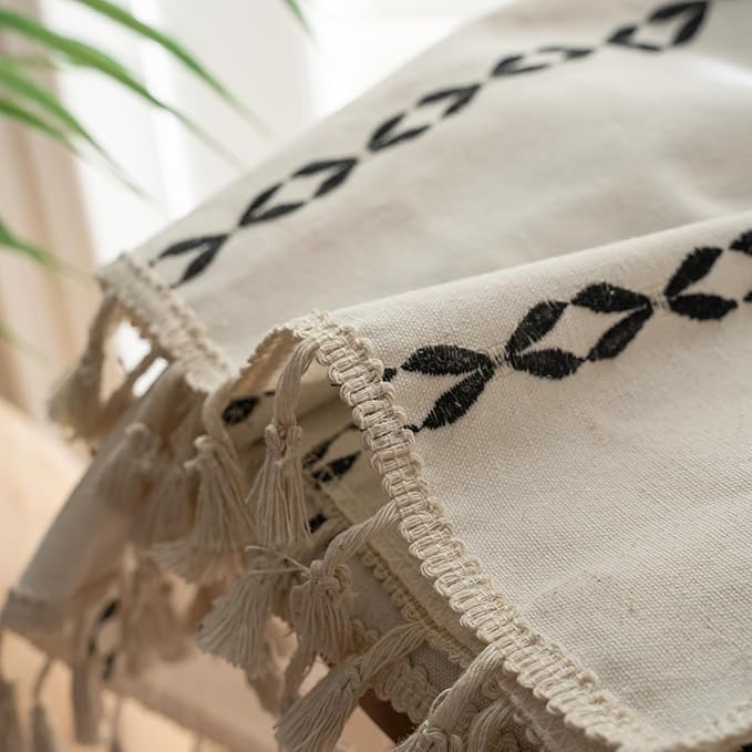 Deeprove White and Black Boho Curtains 72 inches Length for Living Room Bedroom Nursery, Chic Bohemian 72 inches Long, Stripe Embroidery Privacy Window Fringe Decoration W52 x L72, Single 1 Panel
