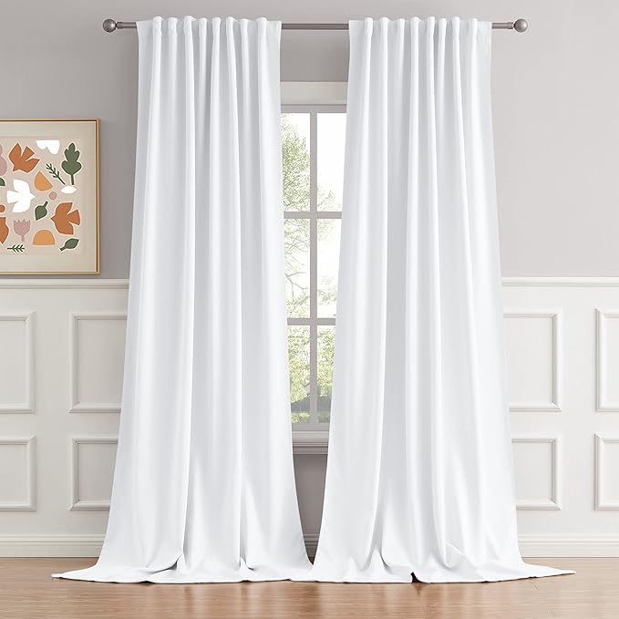 DUALIFE Pure White Curtains 120 Inch Length Back Tab/Rod Pocket Curtain Panels for Bedroom Window Treatment Room Darkening Drapes for Living Room W52 x L120, Set of 2 Panels