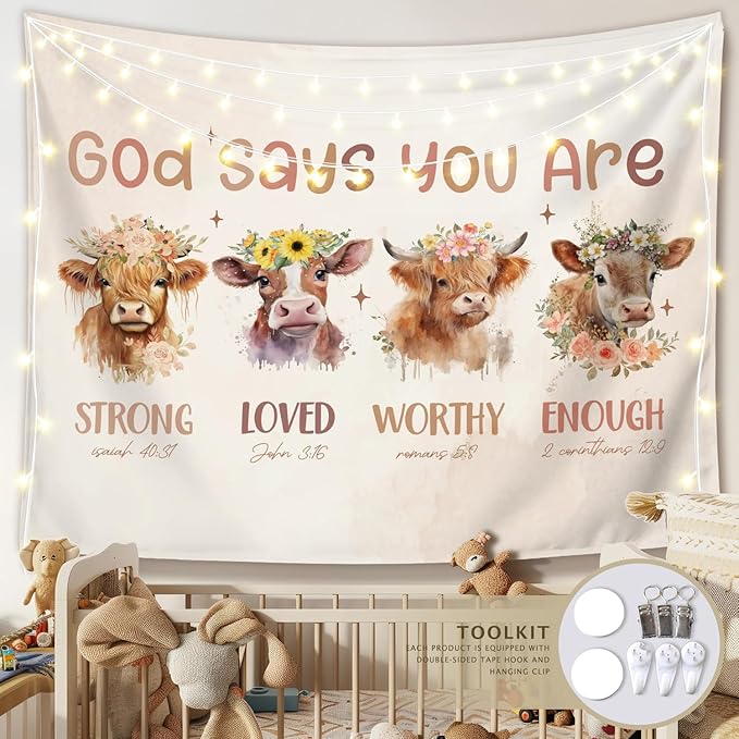 LIANGW Boho Highland Cow Christian Tapestry Wall Hanging for Nursery Decor, Inspirational Classroom Tapestries Aesthetic Boho Kids Room Decor for Bedroom Living Room Dorm, 50x60 inche