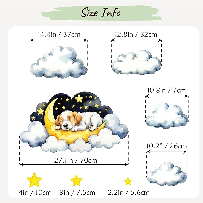 Boho Nursery Wall Decals - Dreamy Watercolor Puppy Sleeping on Cloud | Multi-Piece Set with Clouds, Moon & Stars | Removable Fabric Wall Art for Kids Room