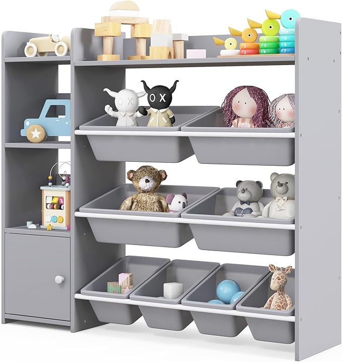 Costzon Kids Toy Storage Organizer, 4-Tier Kids Bookshelf Storage Cabinet w/8 Removable Bins, Preschool Children's Montessori Bookshelf w/Large Cabinet for Playroom, Daycare, Kids Room, Classroom