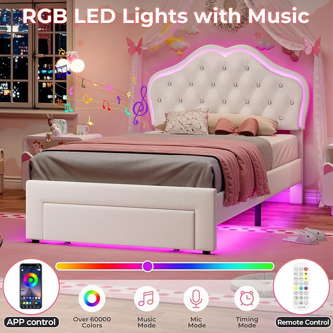 BTHFST Twin Size Girl Bed with Storage Drawer & LED Lights, Upholstered Platform Bed, Adjustable Headboard with Velvet Crystal Button Princess Bed, Wood Slats Support, No Box Spring Needed, Beige