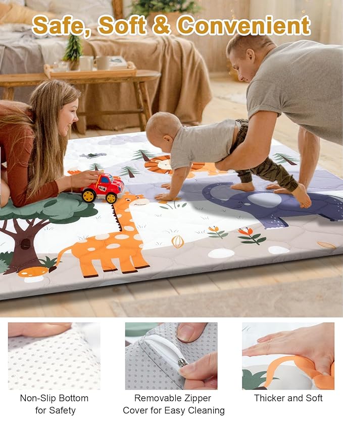 Premium Foam Baby Play Mat 74" x 50" – Removable & Machine Washable Cover, Extra Thick Padding Playpen Mat, Non-Slip Crawling Mat, Easy to Clean for Infants, Toddlers & Babies