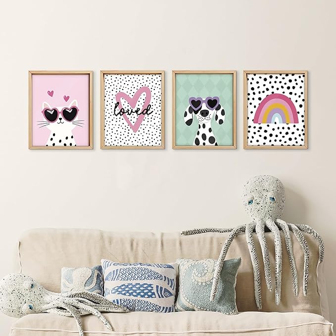 VONTP Pastel Rainbow Classroom Dog Cat Wall Art Decor, Dalmatian Cat Classroom Prints Poster Wall Decorations for Kids Girl Nursery Toddler Room Bedroom Playroom, 8x10 Inch Set of 4 (Unframed)