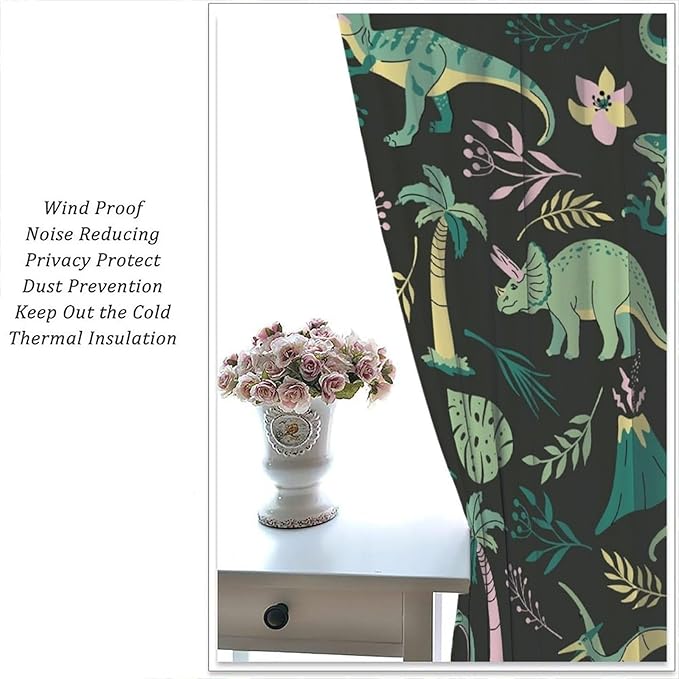 Dinosaurs Blackout Curtains Cartoon Cute Funny Dino Tropical Jungle Green Art Print for Kids Boys Bedroom Living Room Rod Pocket Decoration Window Drapes 2 Panels W36xL63in