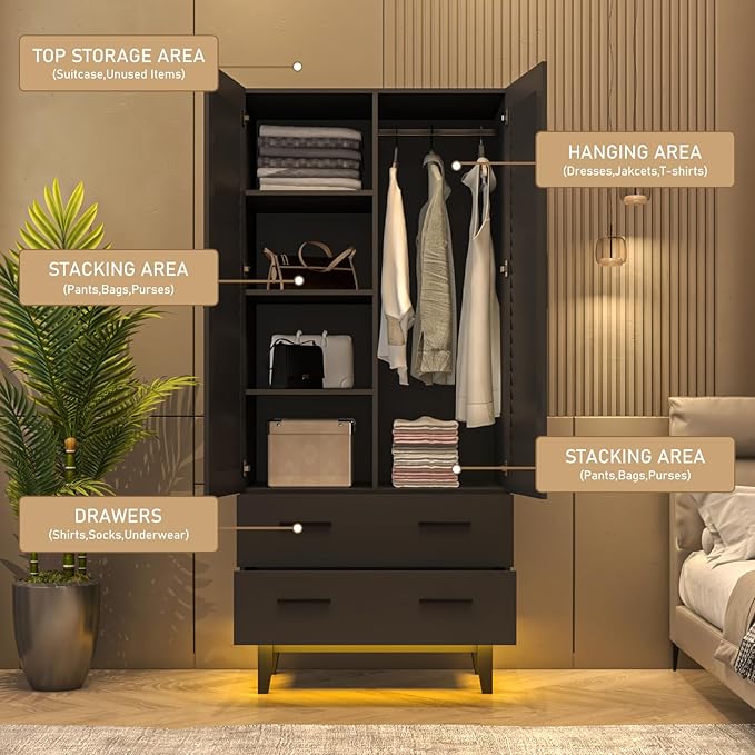 2 Door Armoire Wardrobe Closet Cabinet with Mirror, Drawers and LED Lights, Multi-Tier Shelves, Hanging Rod & 2 Louver Doors, Large Capacity Storage Wardrobe Armoire for Bedroom, Black