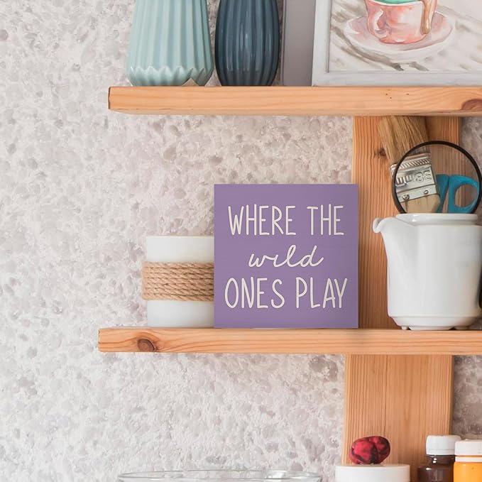Where The Wild Ones Play Purple Wood Box Sign Desk Decor 5X5, Nursery Kids Room Wooden Block Sign Decorations for Playroom Toddler Boys Girls Room Wall Tabletop Shelf Decor