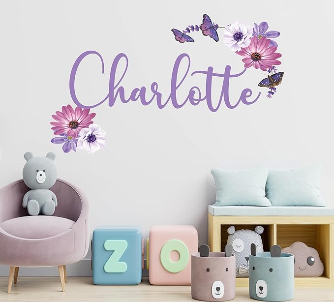 Butterfly Custom Name Wall Decal - Personalized Name Butterfly Decor - Custom Wall Sticker for Girls Rooms - Removable Flower Mural for Nursery Wall decor- Beautiful Floral Design (Wide 10"x7" Height)