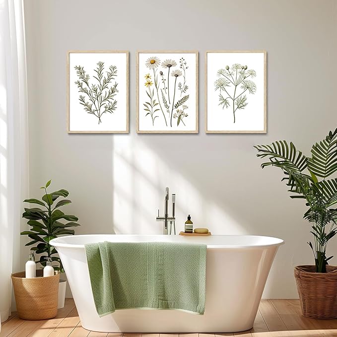 CHMMART 3 Piece Botanical Wildflower Framed Wall Art Floral Canvas Art Prints Green Plant Paintings Wall Decor Flower Pictures Artwork for Living Room Bedroom Bathroom 16x20in