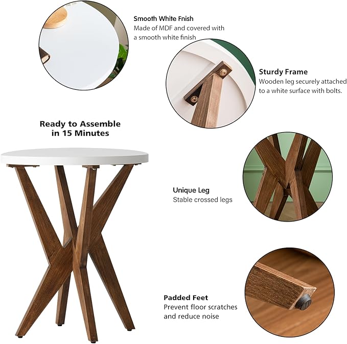 Modern Round End Table with Smooth White Top and Crossed Walnut Legs, Minimalist Accent Table for Living Room, Balcony, or Small Spaces, Easy Assembly Bedside Table, White Walnut