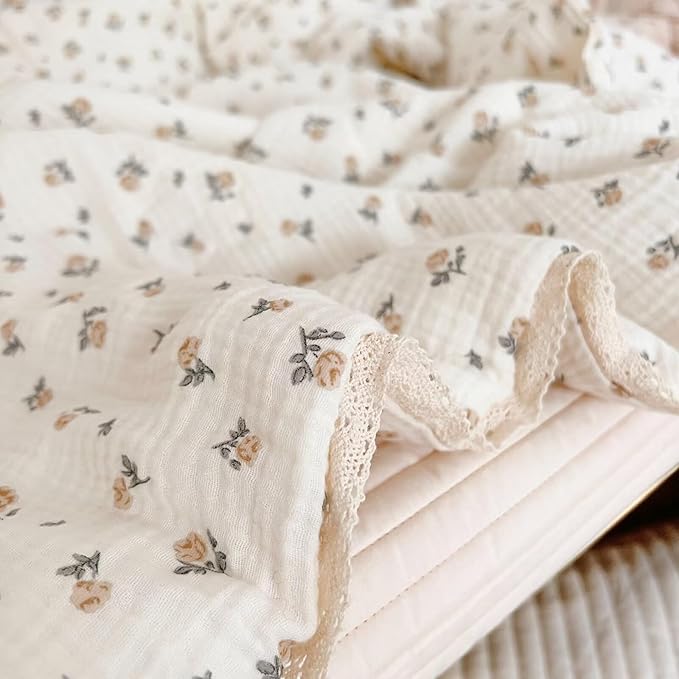BuLuTu Muslin Cotton Kids Bed Blankets Rose Floral Pattern, 60x78 Inches, Lightweight Children Comforter Toddler Girls Quilts for Twin Bed, Soft Breathable, Machine Washable