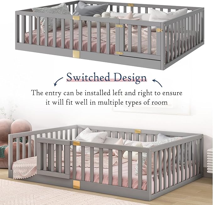Tatub Full Montessori Floor Bed with High Rails, Solid Wood Montessori Bed Frame for Kids, Door Can Install Left and Right, Full-Grey