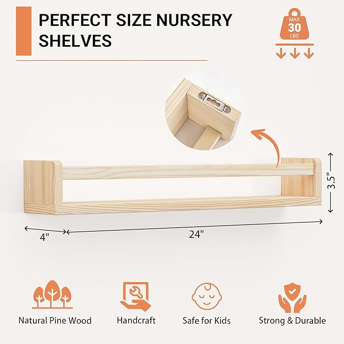 Heimlove Nursery Floating Shelves, Solid Wood Book Shelves for Wall, 24 Inch Bookshelf for Kids, Wall Mounted Shelves for Books,Toys and Decor Storage, Set of 2 (Natural)