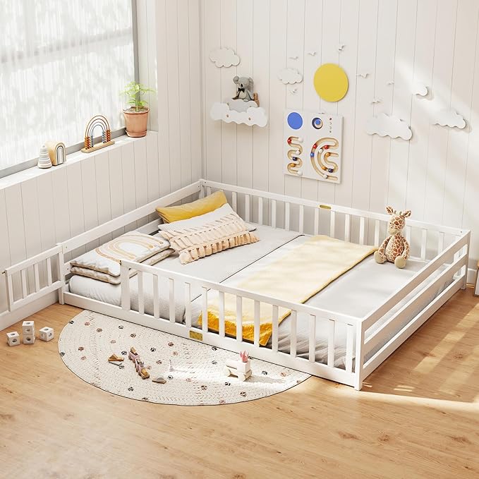 KOMFOTT Queen Size Wood Floor Bed with Door & Fence, Montessori Bed Frame with Full Length Safety Guardrails, Door & Latch, Wooden Montessori Floor Bed for Kids, Girls, Boys (Queen,White)