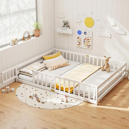KOMFOTT Queen Size Wood Floor Bed with Door & Fence, Montessori Bed Frame with Full Length Safety Guardrails, Door & Latch, Wooden Montessori Floor Bed for Kids, Girls, Boys (Queen,White)