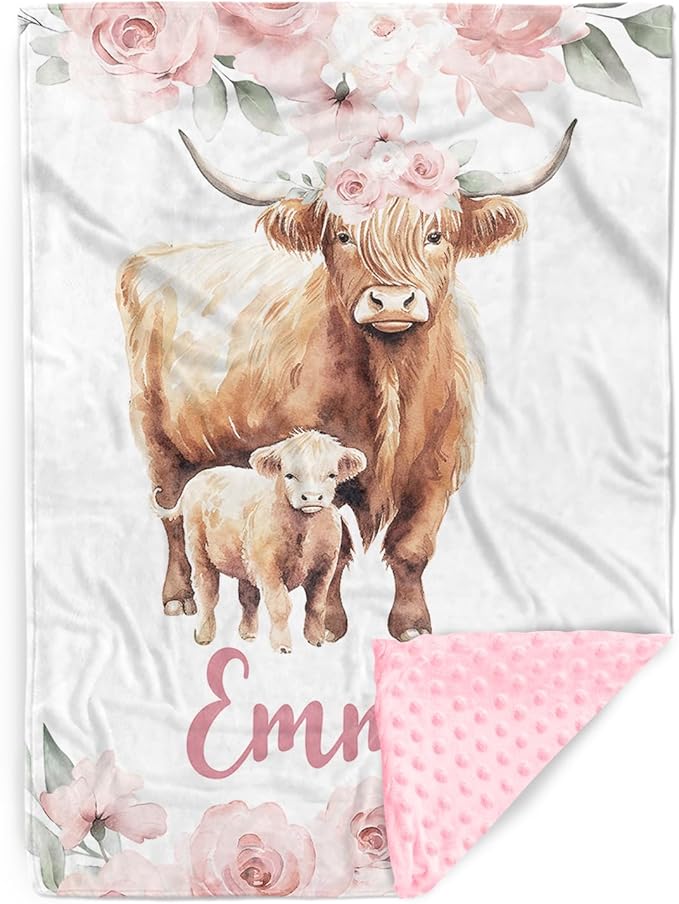 Personalized Baby Blankets for Boys Girls, Custom Name Pink Highland Cow Baby Blanket, Soft Receiving Blanket for Newborns and Toddlers, Ideal for Baby Showers and Nursery Decor