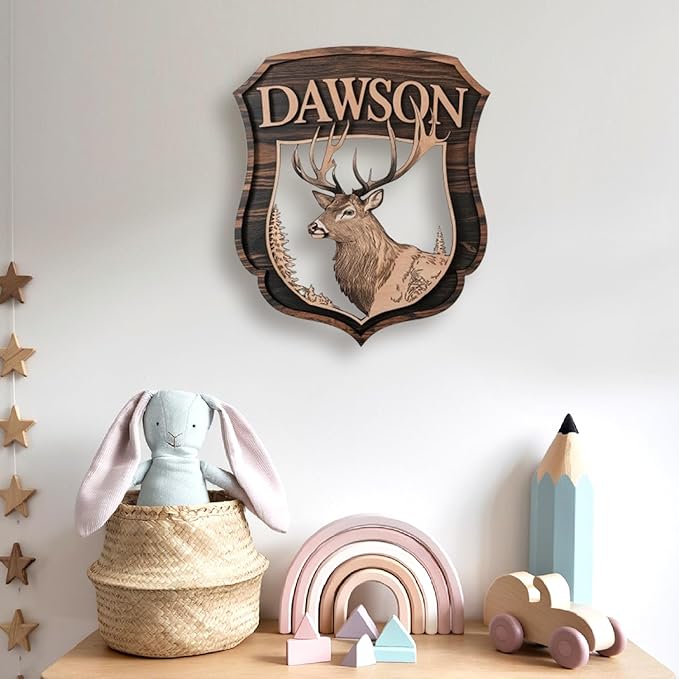Personalized Nursery Sign, Animals Wooden Sign with Name, Hello World Newborn Sign, Deer Sign for Kid Room Decor, Baby Gifts for Boy, Custom Baby Name Sign, Baby Boy Wall Art Bedroom