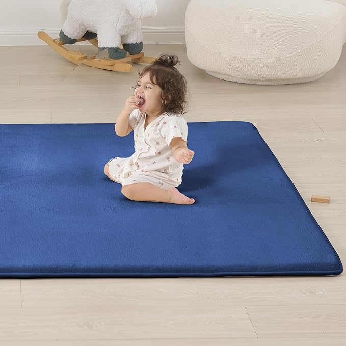 1.3" Thick Baby Floor Play Mat 50x50, Basic Padded Foam Mat for Tummy Time Crawling, Non Slip Cushioned for Babies Toddlers Infants Kids (Blue)