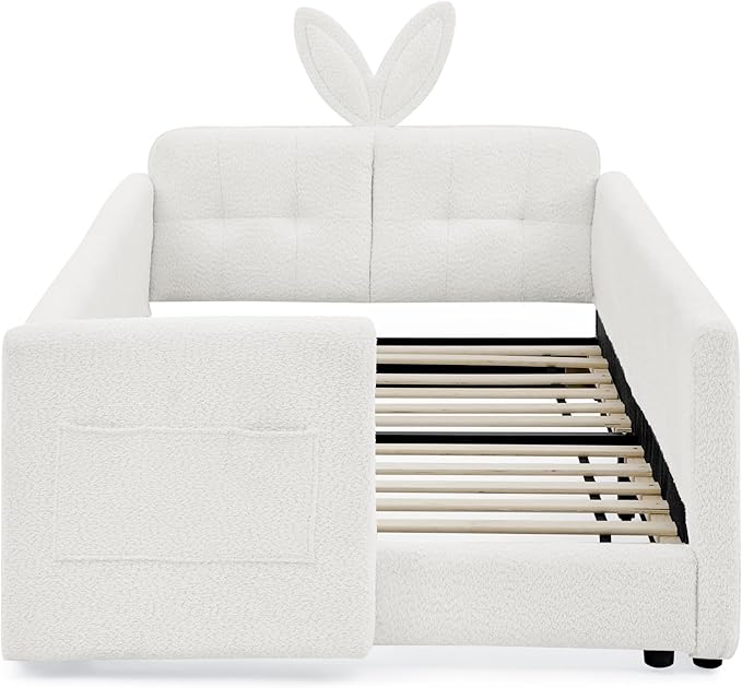 DEINPPA Twin Size Platform Bed Frame with Rabbit Ear Shaped Headboard and Pocket, Boucle Upholstered Bed Frame with Guardrail for Children Kids Boys Girls-Beige