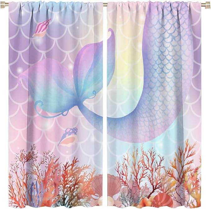 Dream Mermaid Curtains Colorful Mermaid Fish Tail Scale Fantasy Ocean Theme Beautiful Kids Window Treatment for Girls Bedroom Nursery Room Decor Rod Pocket Window Drapes 63x63in