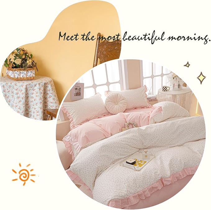 Pink Flower Duvet Cover Twin XL 3 Pieces Ruffle Floral Duvet Cover Girls Cottagecore Bedding Set Soft 100% Cotton Floral Lace Comforter Cover Vintage Botanical Flower Bedding Cover with Zipper Closure